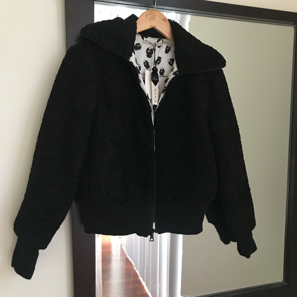 NWT Alice +Olivia Genova StaceFace Print Reversible Faux Fur Bomber Jacket XS - Picture 9 of 17